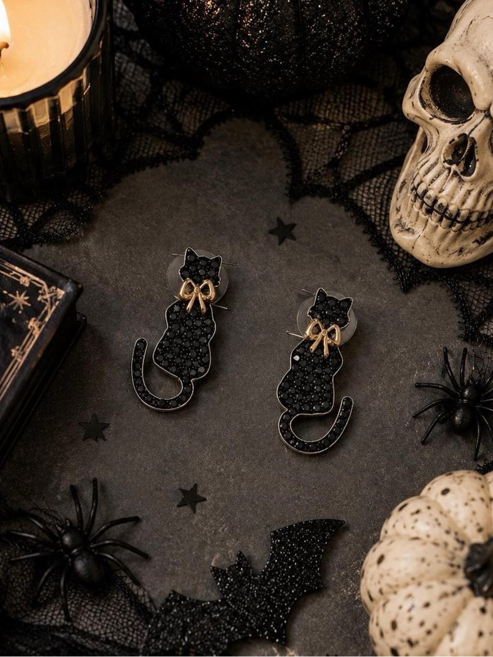 BaubleBar Purranormal Activity Black Cat Earrings Halloween Rhinestone Studs